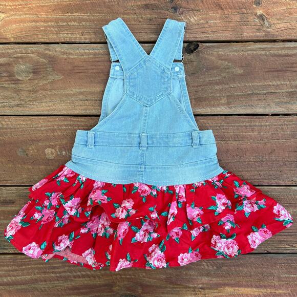 Betsey Johnson Denim Overall Dress 2T Floral Jumper Ruffle Skirt Red Rose Print - Picture 2 of 16